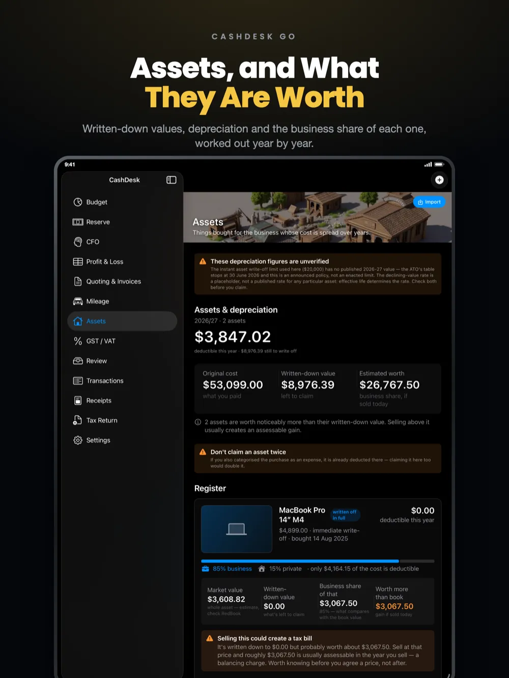 CashDesk Go on iPad — written-down values, depreciation and the business share of each asset
