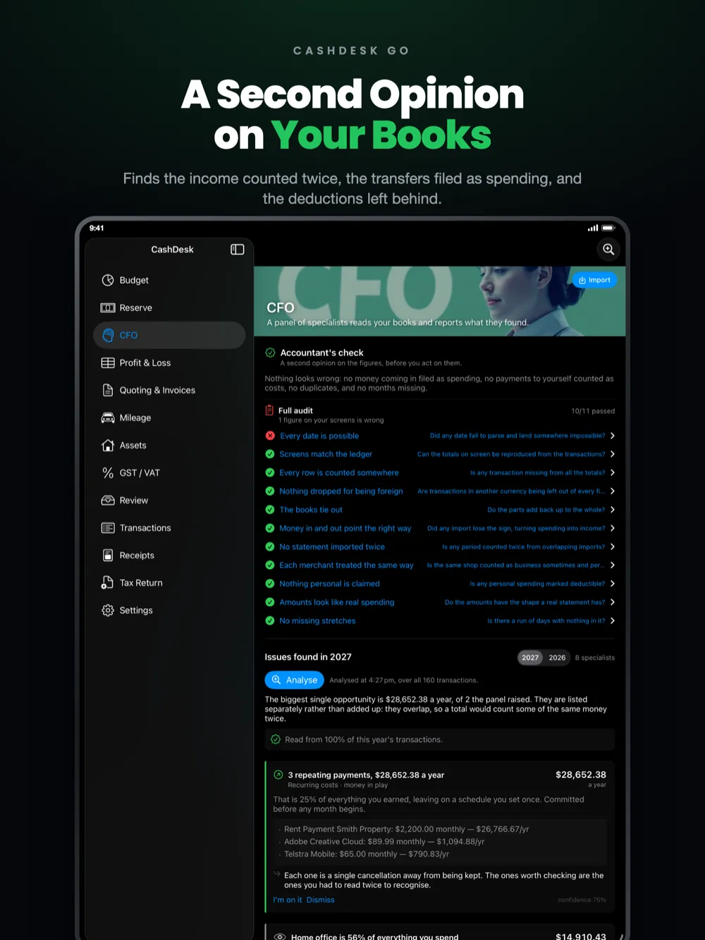CashDesk Go on iPad — the CFO checks running against your own figures