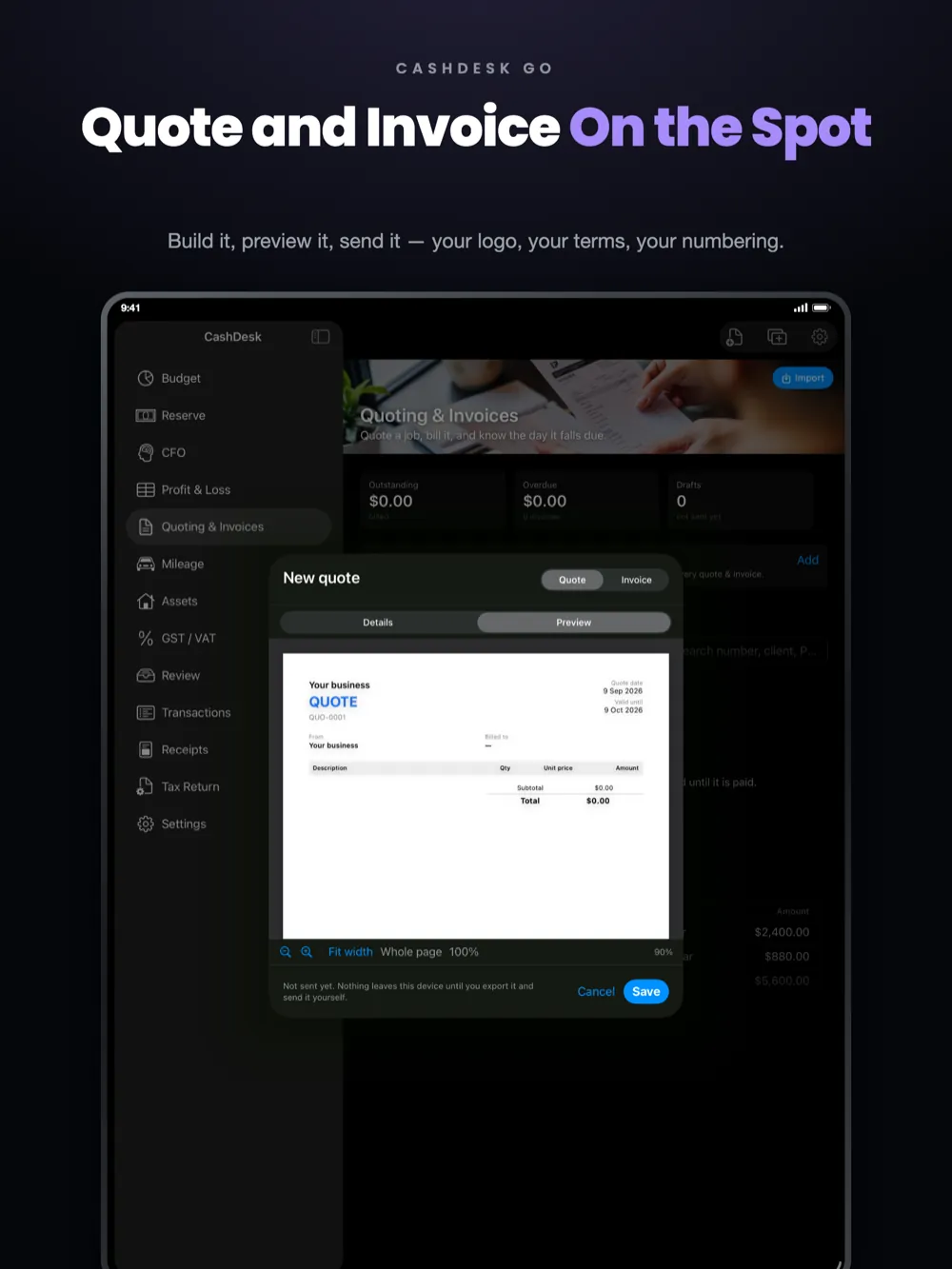 CashDesk Go on iPad — quoting, invoicing and the money that looks like it settles one