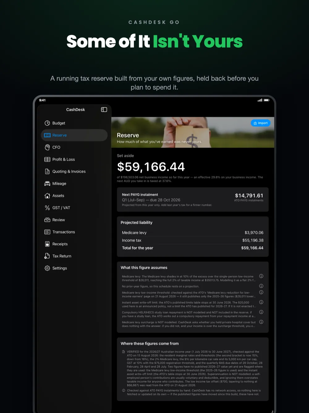 CashDesk Go on iPad — the tax reserve and the next instalment due