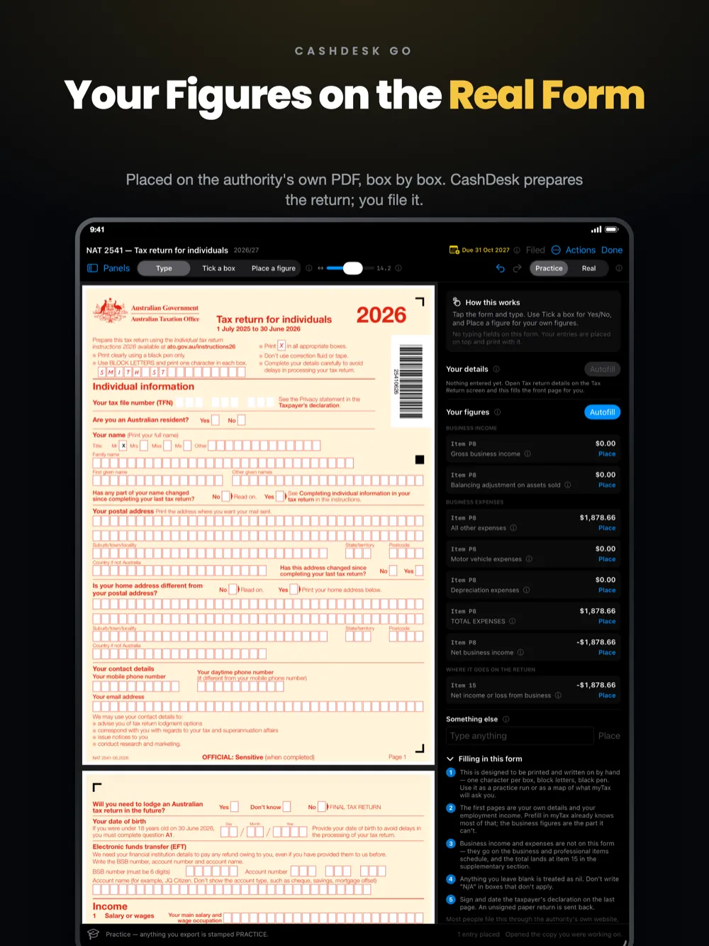 CashDesk Go on iPad — your figures placed on the tax authority's own PDF
