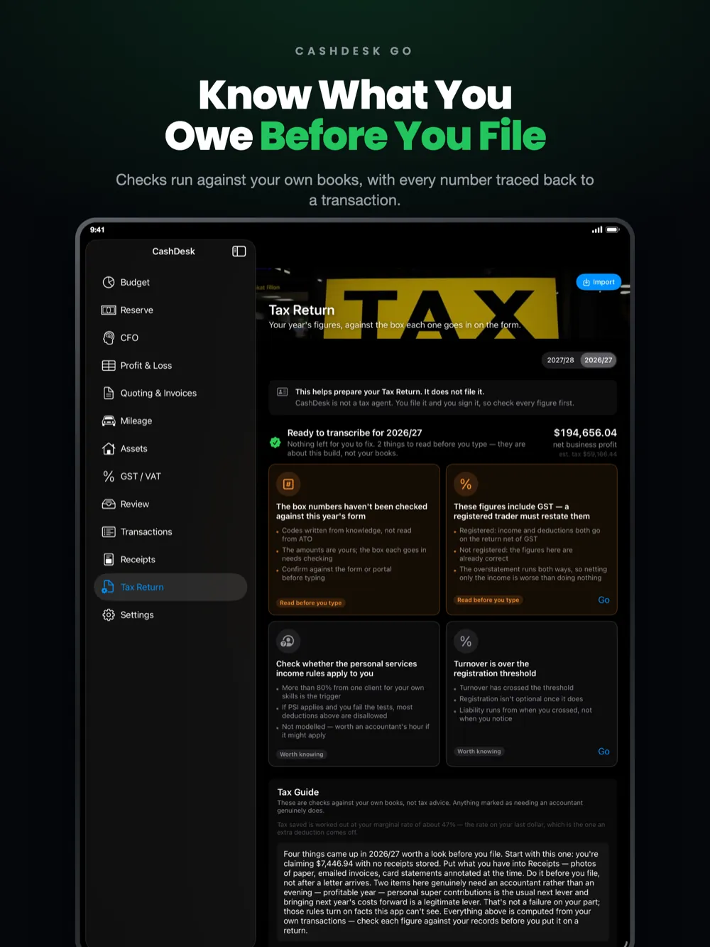CashDesk Go on iPad — every figure against the box it goes in, in the authority's own words