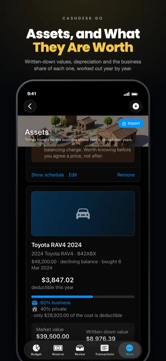 CashDesk Go on iPhone — written-down values, depreciation and the business share of each asset