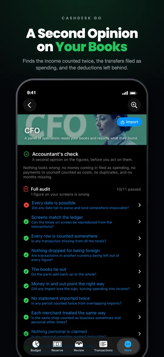 CashDesk Go on iPhone — the CFO checks running against your own figures