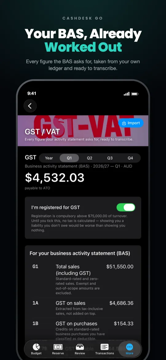 CashDesk Go on iPhone — every figure the activity statement asks for, ready to transcribe
