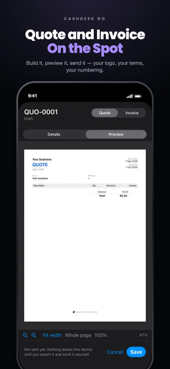 CashDesk Go on iPhone — quoting, invoicing and the money that looks like it settles one