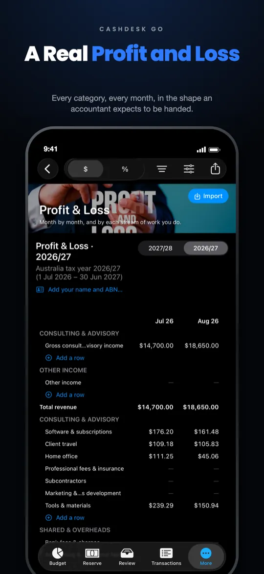 CashDesk Go on iPhone — profit and loss by month and category