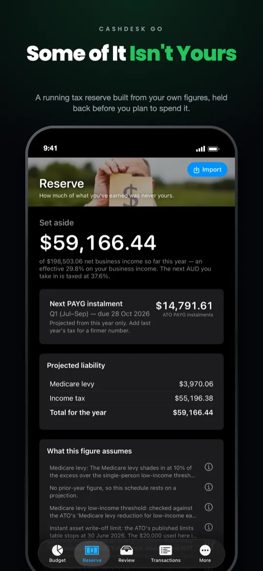 CashDesk Go on iPhone — the tax reserve and the next instalment due