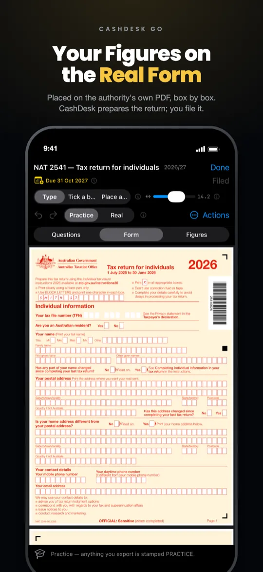 CashDesk Go on iPhone — your figures placed on the tax authority's own PDF