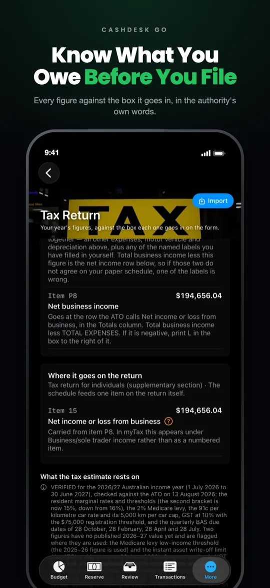 CashDesk Go on iPhone — every figure against the box it goes in, in the authority's own words