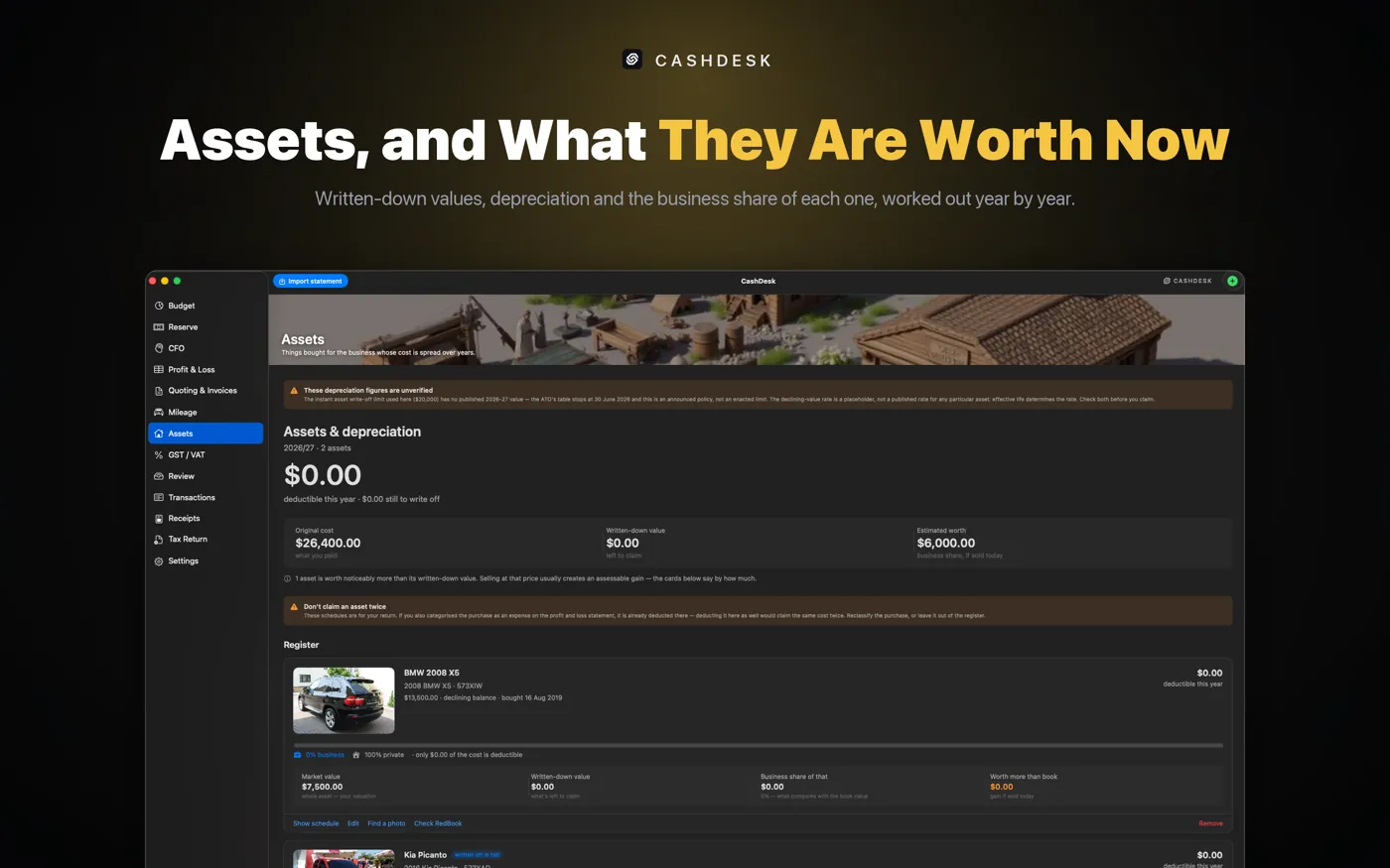 CashDesk on Mac — written-down values, depreciation and the business share of each asset, worked out year by year