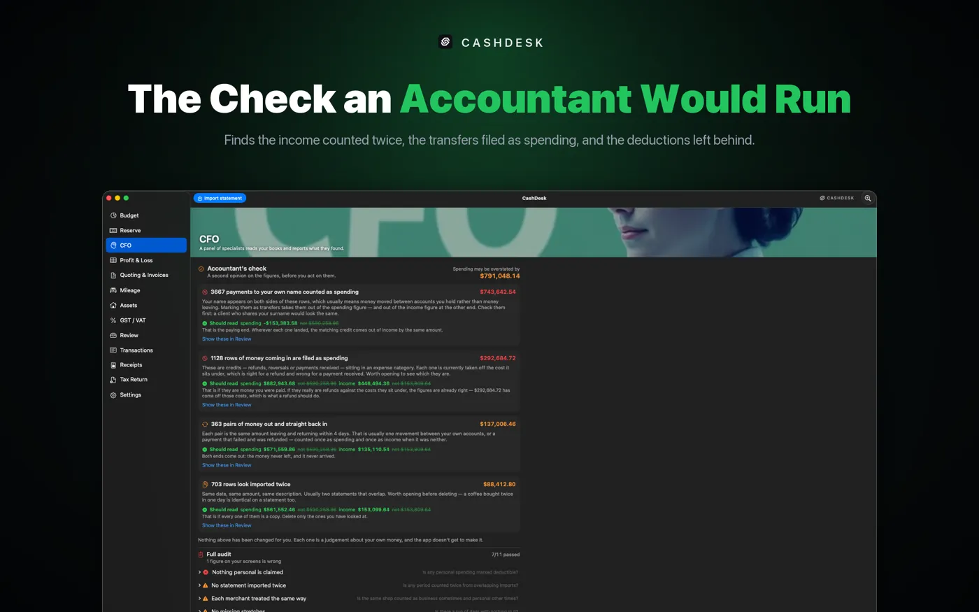CashDesk on Mac — the CFO panel finding income counted twice, transfers filed as spending and deductions left behind