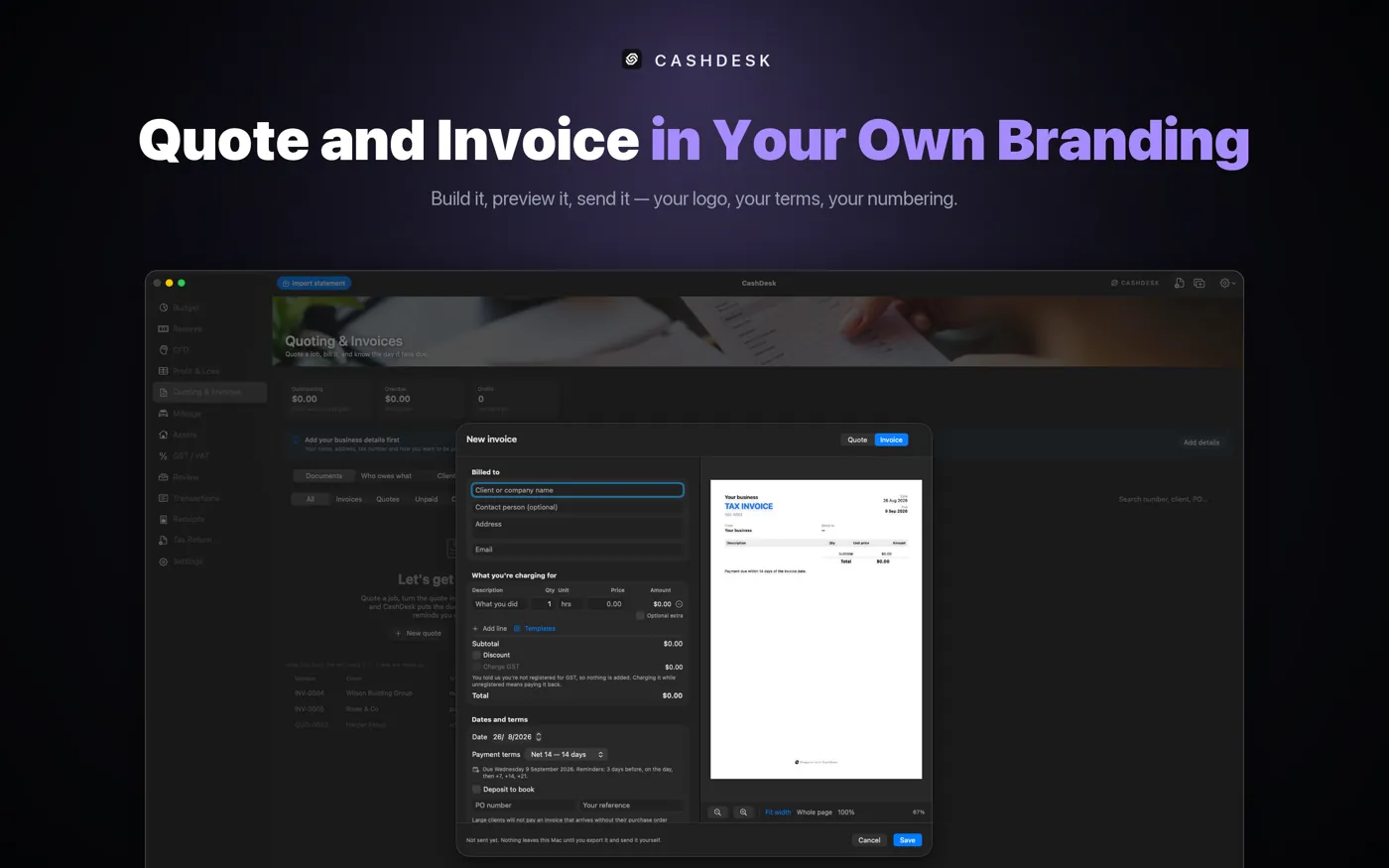 CashDesk on Mac — quoting and invoicing with your own logo, terms and numbering