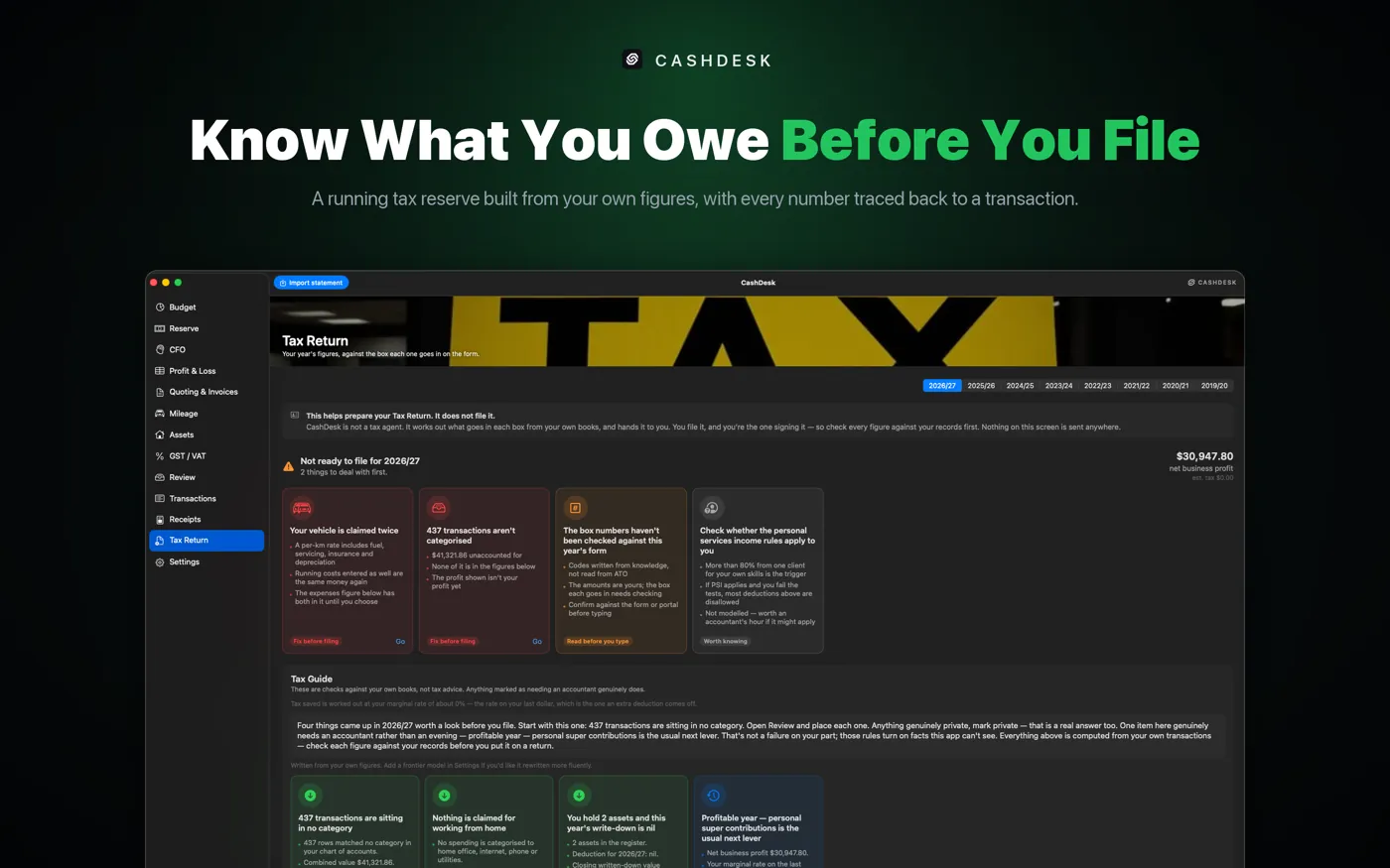 CashDesk on Mac — a running tax reserve built from your own figures, with every number traced back to a transaction