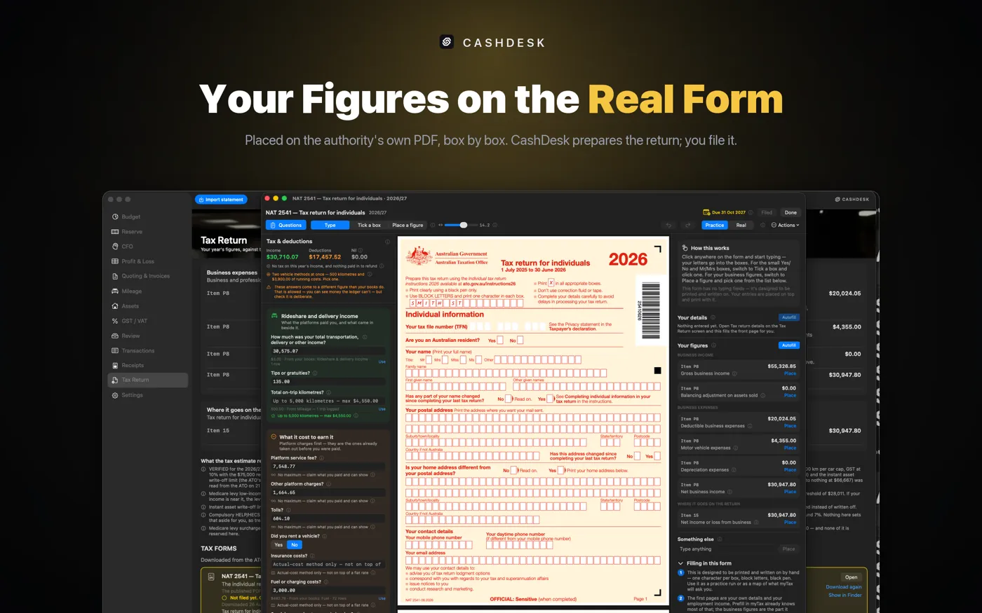 CashDesk on Mac — your figures placed on the tax authority's own PDF, box by box