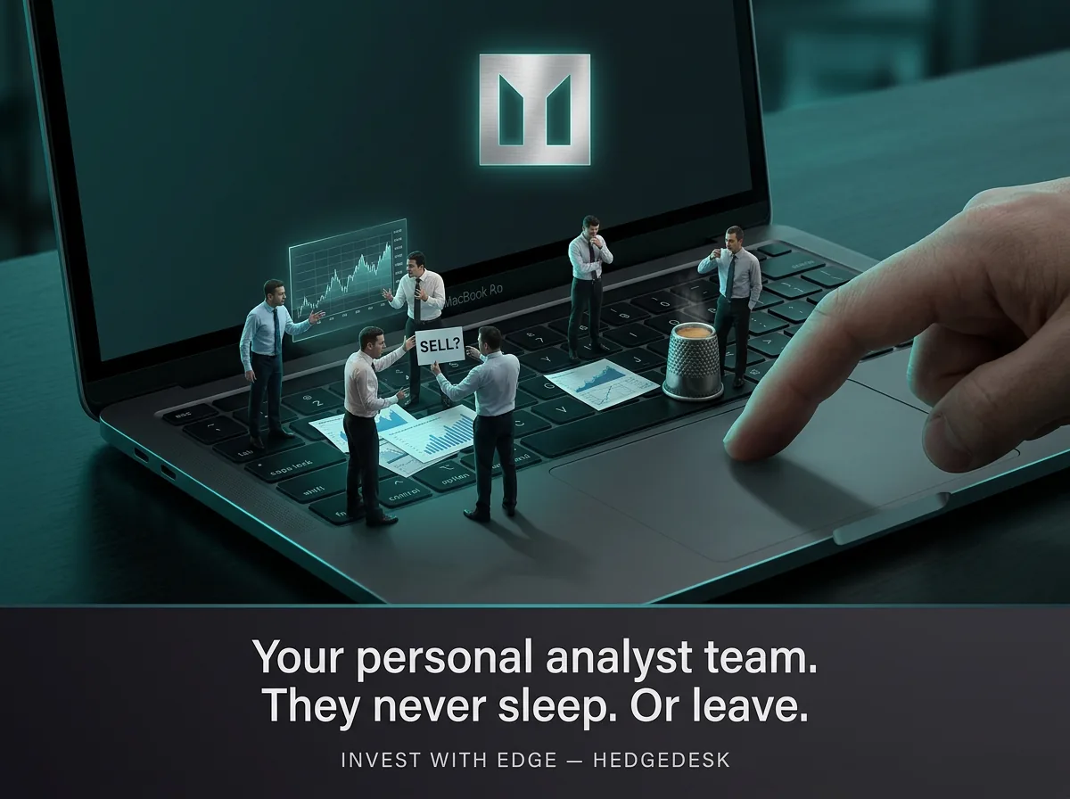 HedgeDesk — “Your personal analyst team. They never sleep. Or leave.” A team of miniature analysts debating a SELL call on a laptop. Invest with edge.