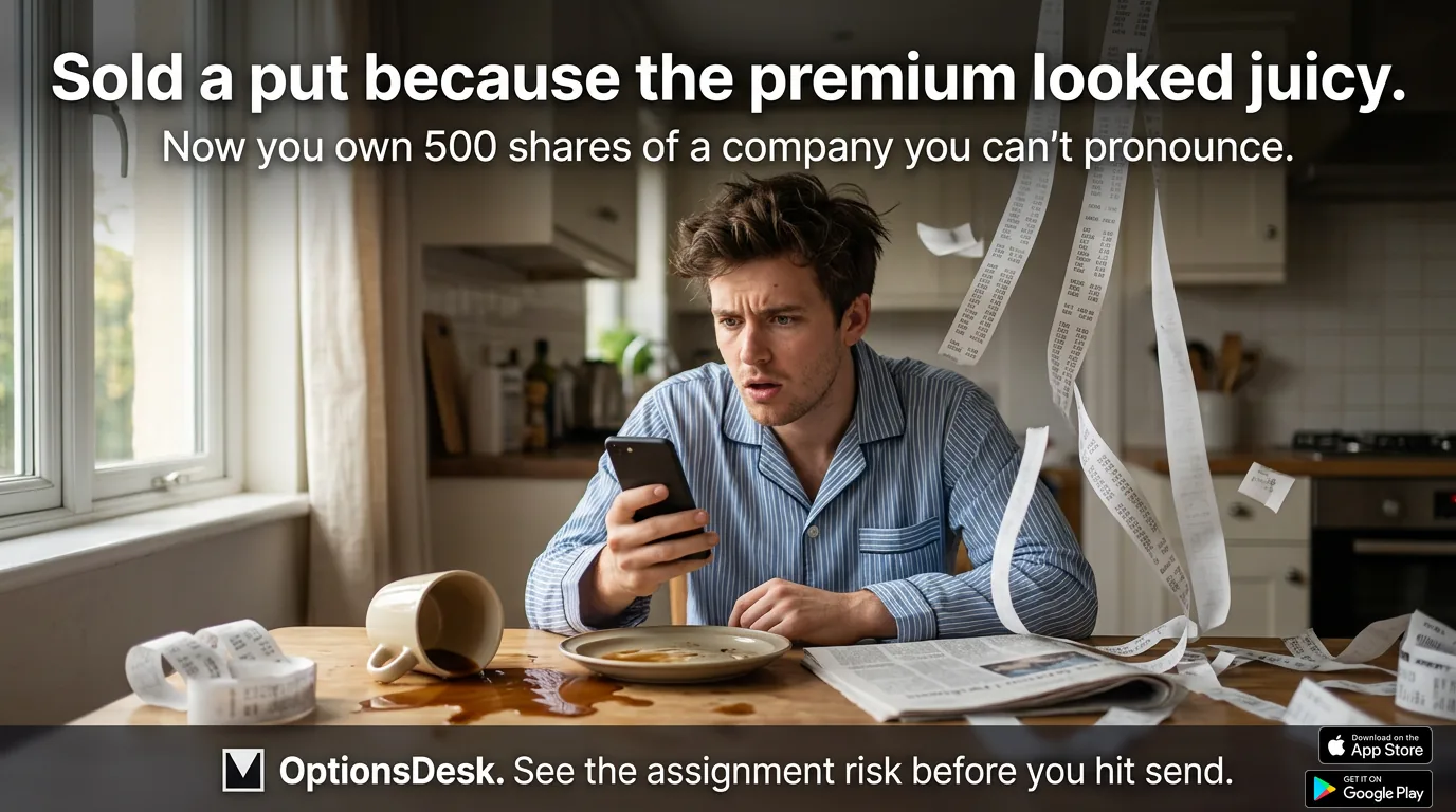 OptionsDesk — “Sold a put because the premium looked juicy. Now you own 500 shares of a company you can’t pronounce.” See the assignment risk before you hit send.