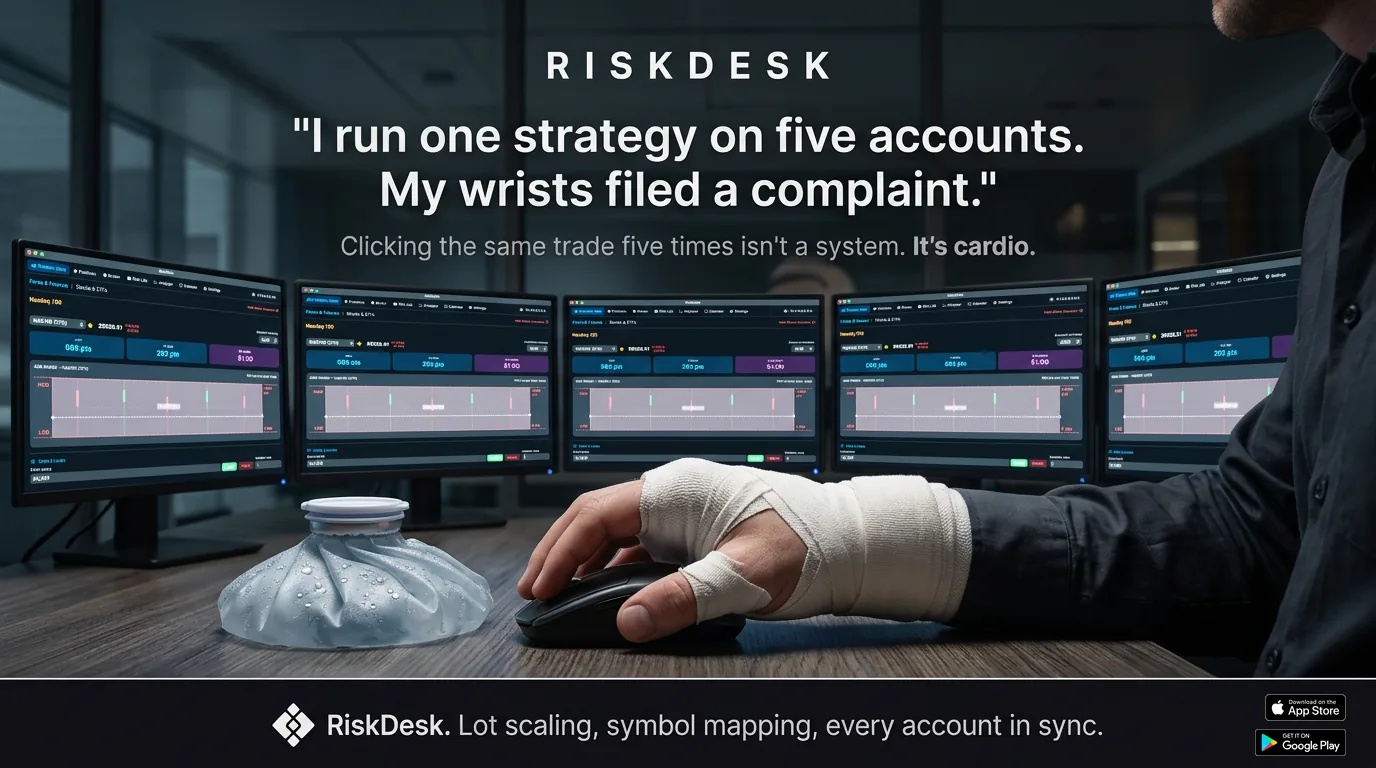RiskDesk — “I run one strategy on five accounts. My wrists filed a complaint.” Lot scaling, symbol mapping and every account kept in sync.